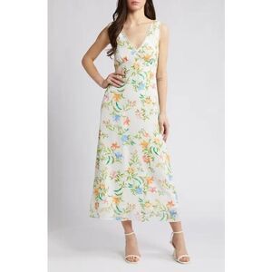 WAYF Dahlia Dress Size‎ XS Vintage White Floral Sleeveless V Neck Midi Retro NEW